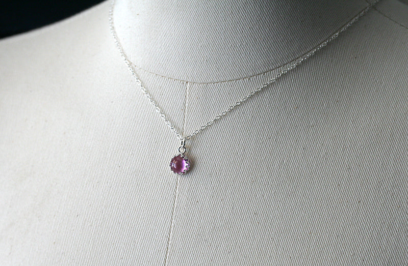 Pink sapphire princess crown necklace in sustainable sterling silver. Ethical. Handmade in New Jersey, US.