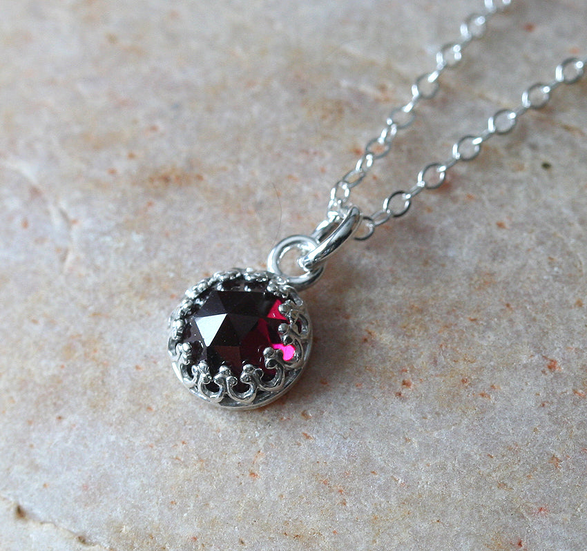 Garnet Rose Cut Pendant Necklace in Sustainable Sterling Silver. 