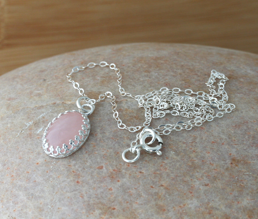 Rose quartz princess crown necklace in sustainable sterling silver. Handmade in New Jersey, US.