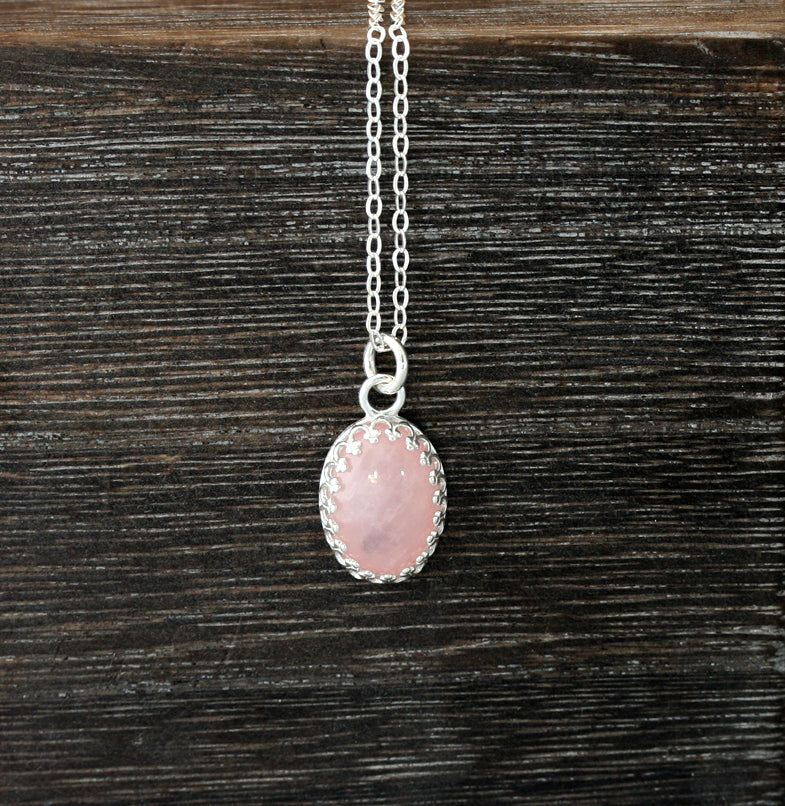 Oval rose quartz crown necklace in sustainable sterling silver. Handmade in New Jersey, US