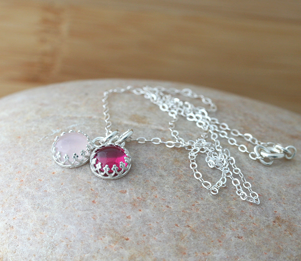 Rose quartz and ruby crown princess necklace in sustainable sterling silver. Handmade in New Jersey, US