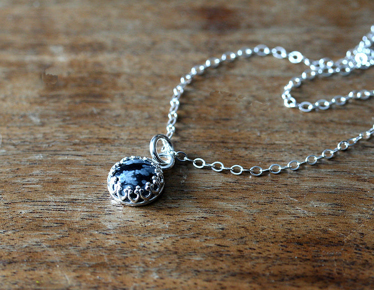 Snowflake obsidian crown necklace in sustainable sterling silver. Handmade in New Jersey, US.