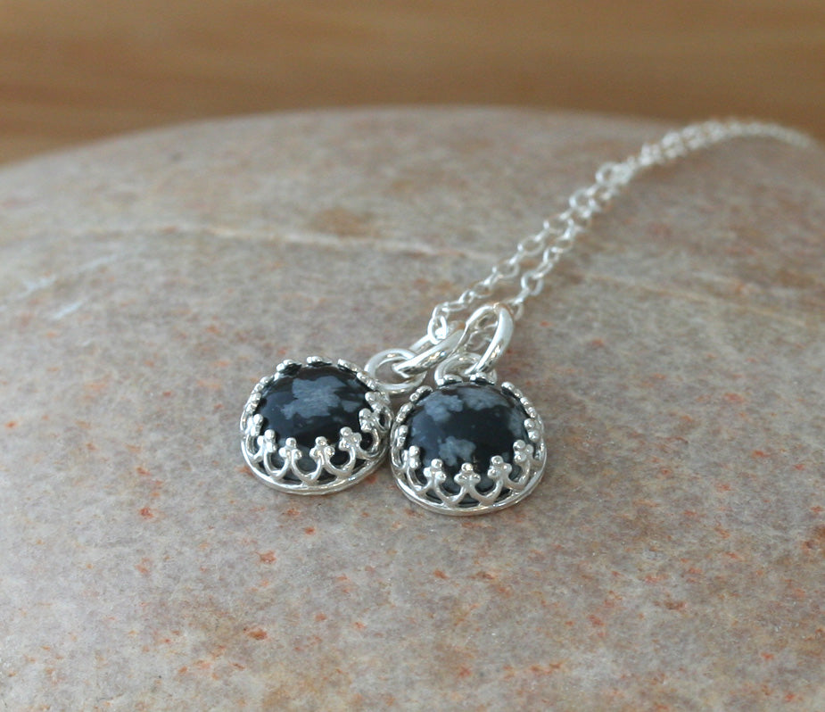 Snowflake obsidian crown necklace in sustainable sterling silver. Handmade in New Jersey, US.