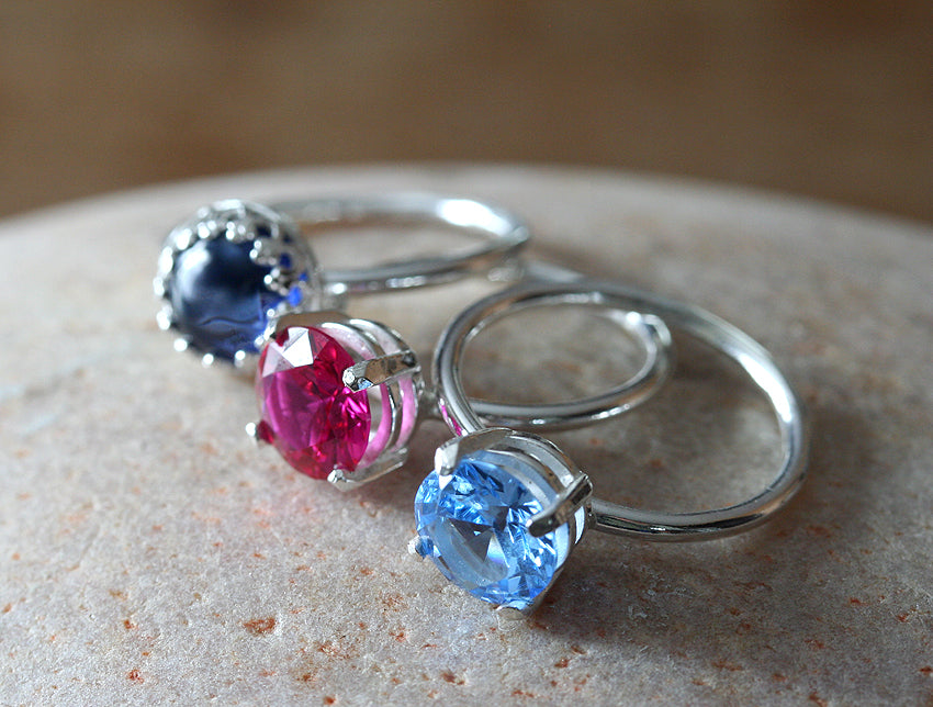 Bright ethical birthstone rings in sustainable sterling silver. Handmade in  New Jersey.