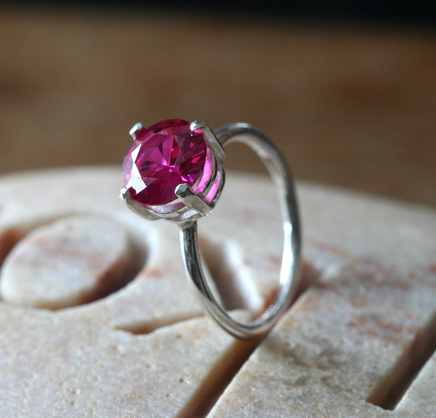 Ruby faceted prong ring in sustainable sterling silver. Ethical ruby. Handmade in New Jersey, US.