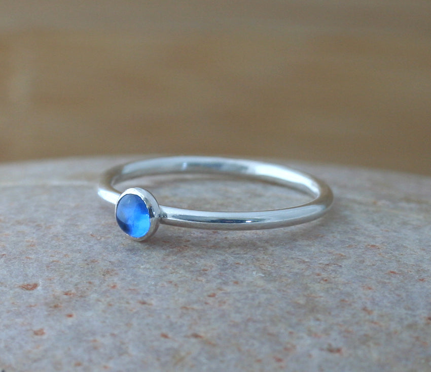 Ethical blue spinel stacking ring in sterling silver. Handmade in the US.