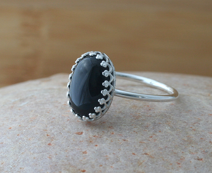 Ethical oval black onyx princess crown stacking ring in all sizes. Sterling silver. Minimalist design. Handmade in the US with sustainable silver.