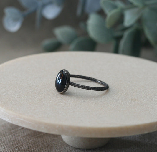 Black Onyx Ring Oxidized with Faceted Band in Sterling Silver