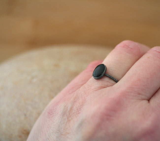 Black Onyx Ring Oxidized with Faceted Band in Sterling Silver