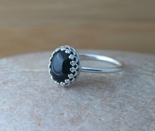 Oval Black Onyx Crown Ring in Sterling Silver • 8 x 10 mm