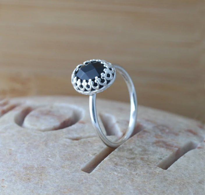 Oval Rose Cut Black Onyx Crown Ring Sterling Silver • 8 x10 mm