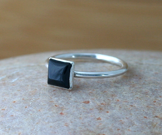 Ethical square black onyx stacking ring in all sizes. Sterling silver. Minimalist design. Handmade in the US with sustainable silver.