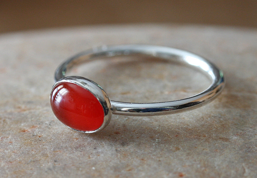 Oval carnelian stacking ring handmade in New Jersey, US., with ethical silver. Minimalist stacker.