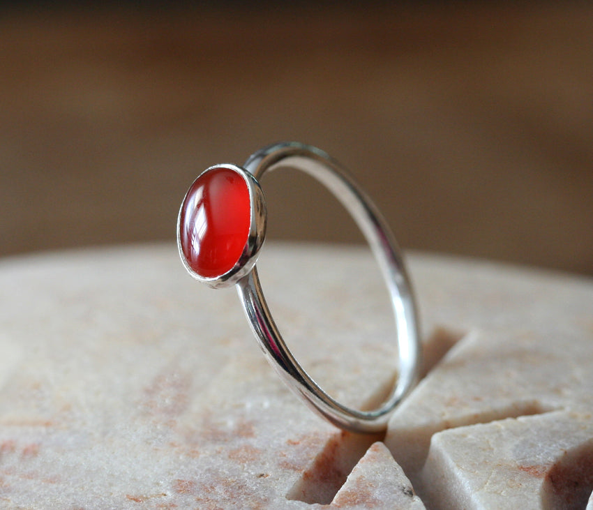 Oval carnelian stacking ring handmade in New Jersey, US., with ethical silver. Minimalist stacker.