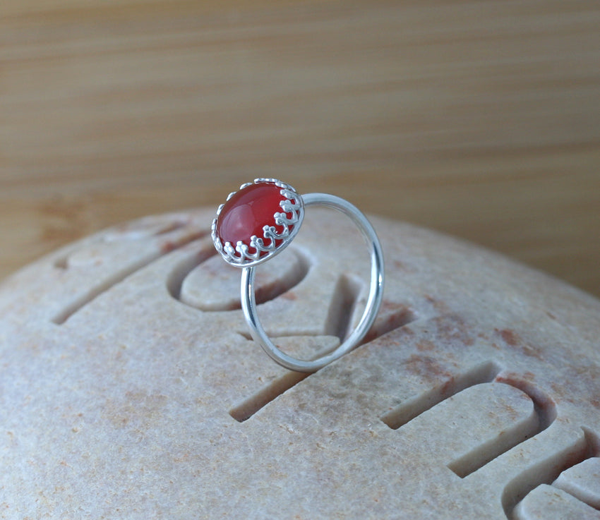 Ethical carnelian princess crown stacking ring in all sizes. Sterling silver. Minimalist design. Handmade in the US with sustainable silver.