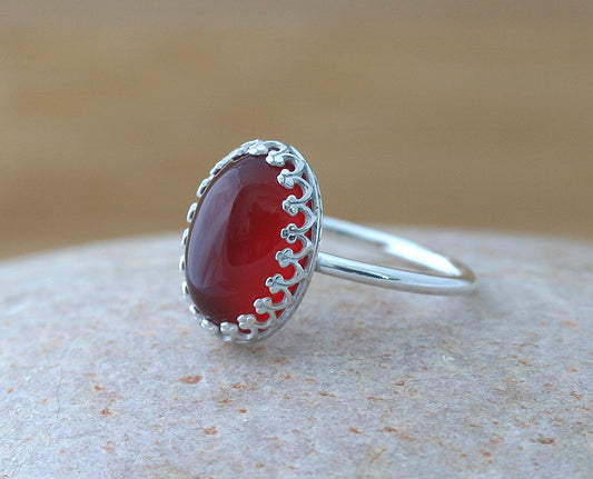 Ethical oval carnelian princess crown stacking ring in all sizes. Sterling silver. Minimalist design. Handmade in the US with sustainable silver.