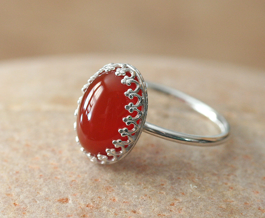 Ethical oval carnelian princess crown stacking ring in all sizes. Sterling silver. Handmade in the US with sustainable silver.