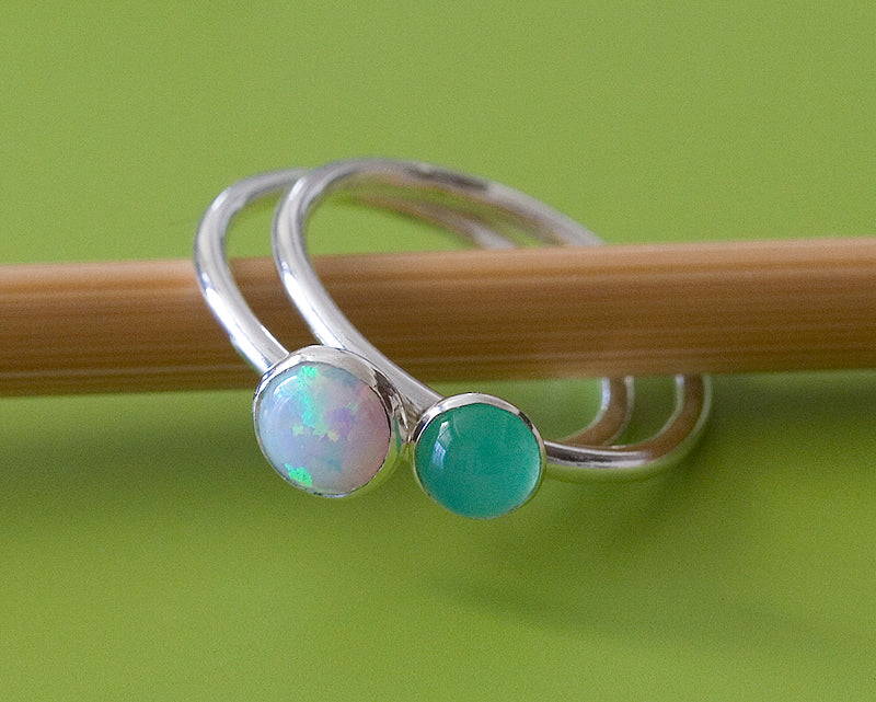 Opal and chrysoprase stacking rings handmade in New Jersey, US. with ethical silver.