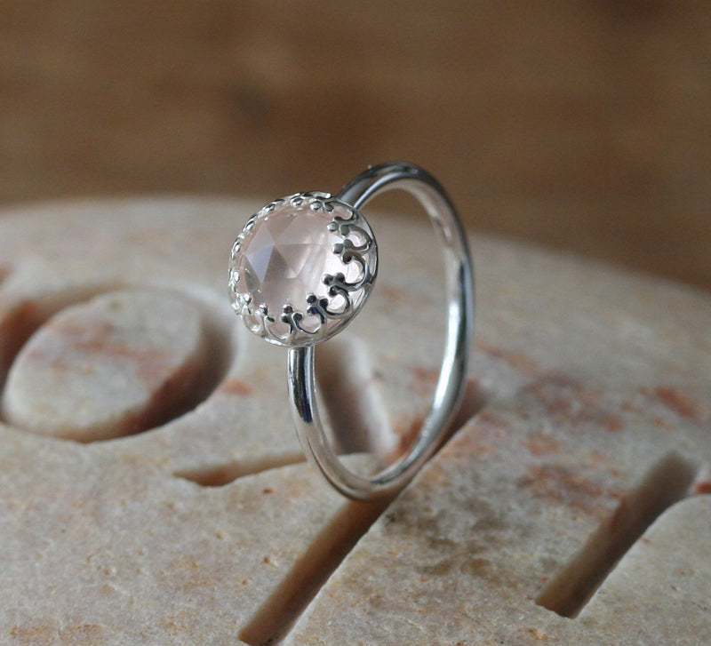 Ethical rose cut rose quartz princess crown stacking ring in all sizes. Minimalist design. Handmade in the US with sustainable silver.