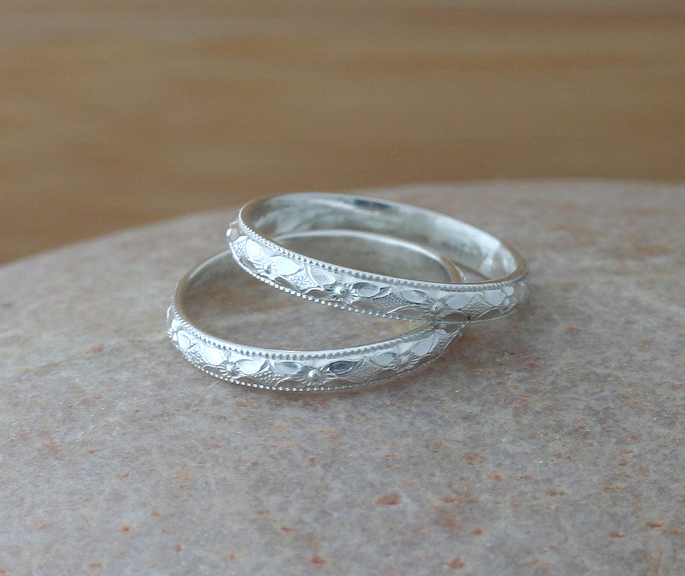 Floral stacking rings in sustainable sterling silver