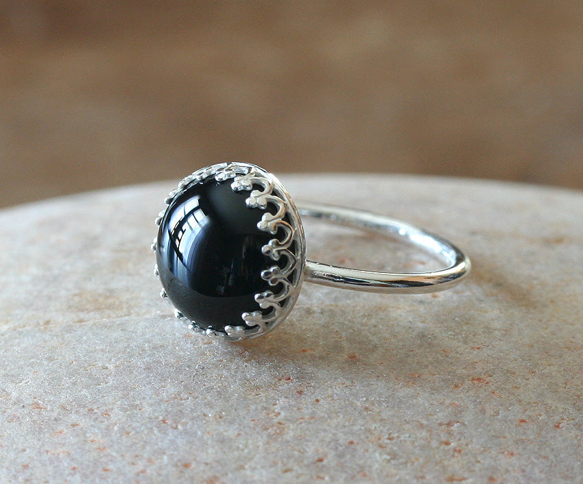 Ethical black onyx princess crown stacking ring in all sizes. Sterling silver. Minimalist design. Handmade in the US with sustainable silver.