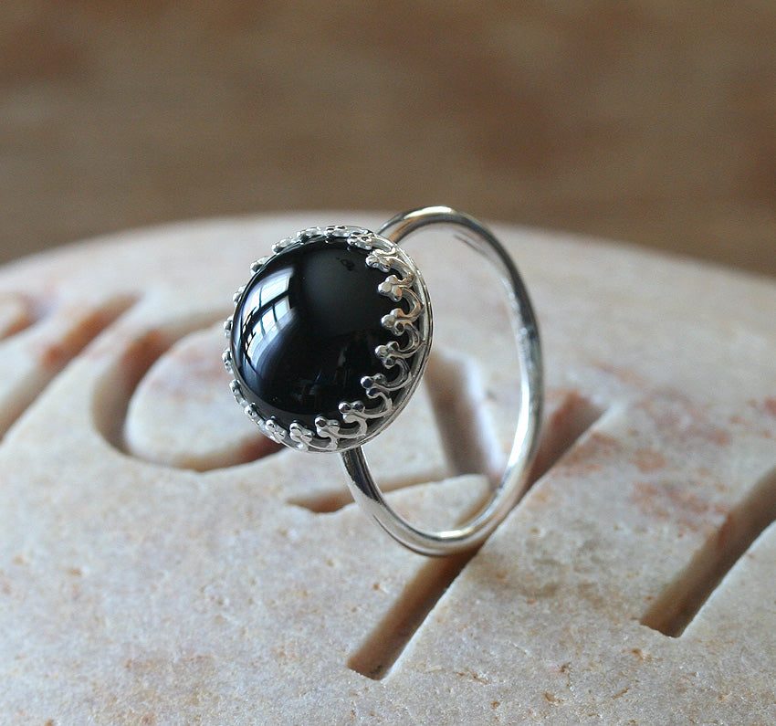 Ethical black onyx princess crown stacking ring in all sizes. Sterling silver. Minimalist design. Handmade in the US with sustainable silver.