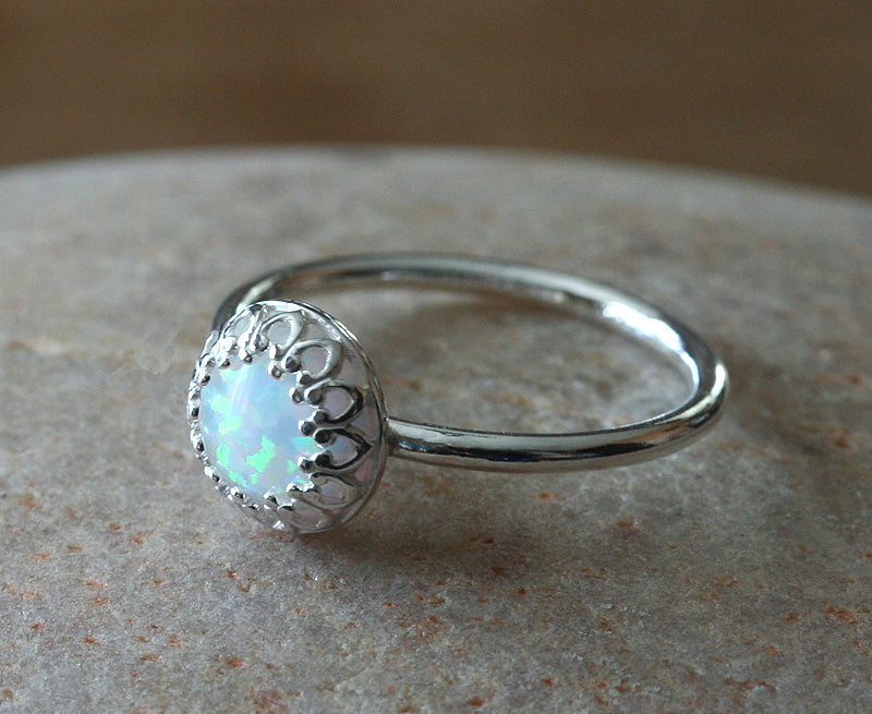 Ethical opal princess crown stacking ring in all sizes. Sterling silver. Minimalist design. Handmade in the US with sustainable silver.