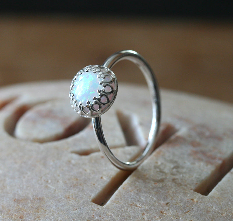 Ethical opal princess crown stacking ring in all sizes. Sterling silver. Minimalist design. Handmade in the US with sustainable silver.