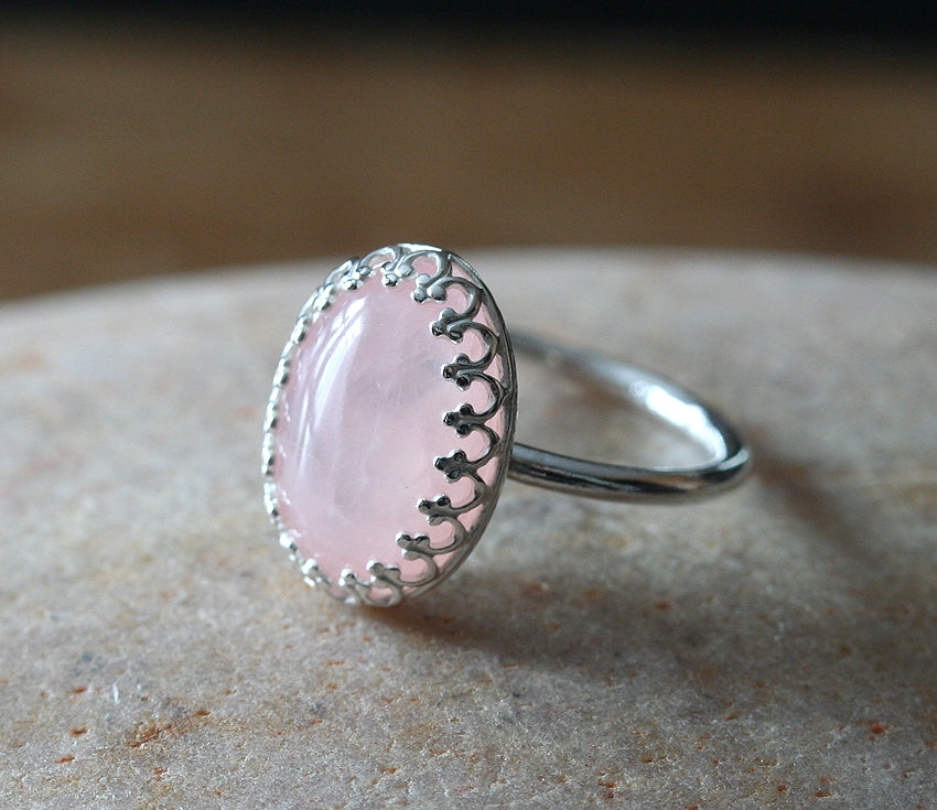 Rose quartz princess crown ring in sustainable sterling silver. Handmade in New Jersey, US.
