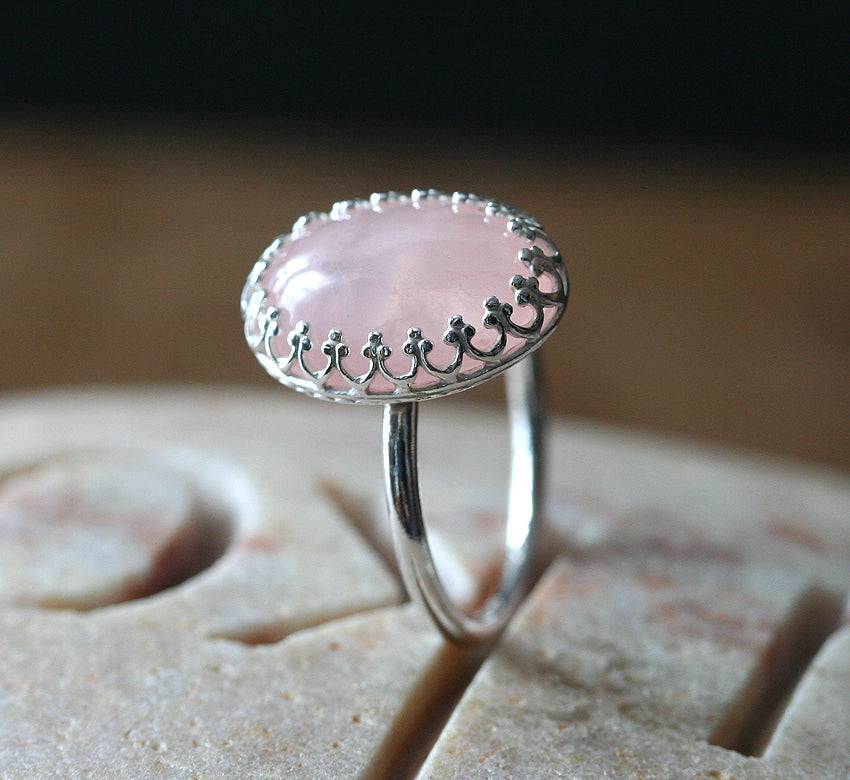 Rose quartz princess crown ring in sustainable sterling silver. Handmade in New Jersey, US.