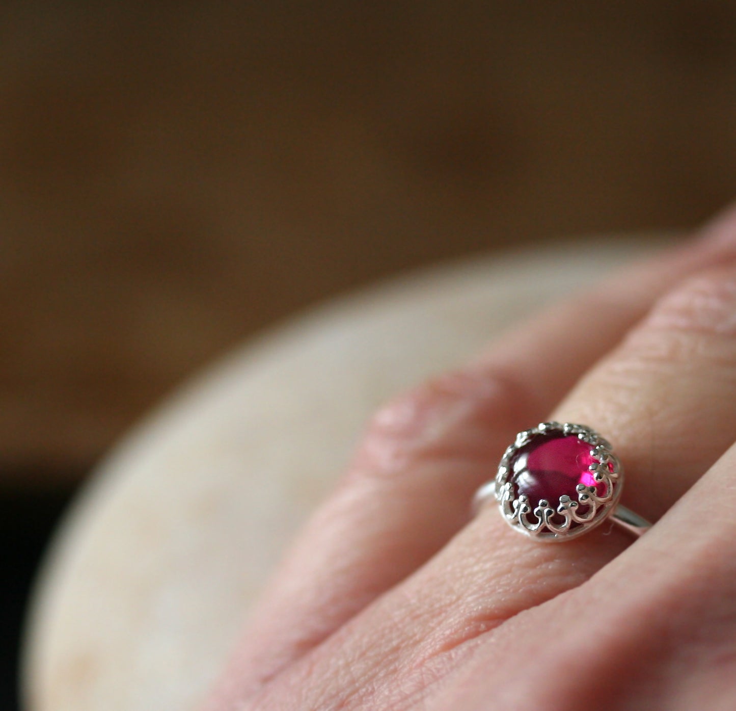 Ruby princess crown ring in sustainable sterling silver. Ethical ring on finger. Handmade in New Jersey, US.