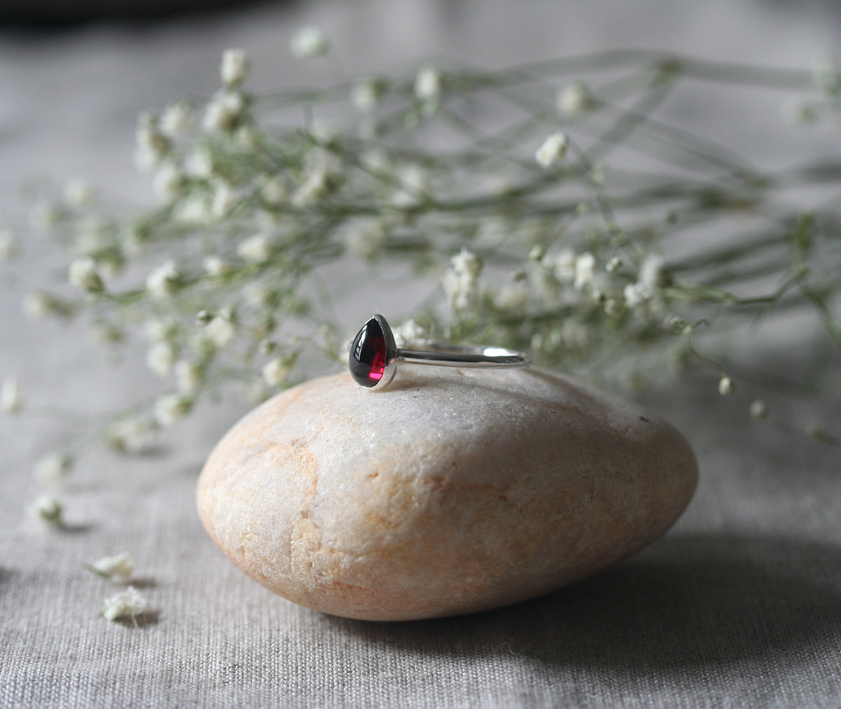 rnet tear drop ring in sterling silver. Handmade with ethical sterling silver in New Jersey, US.. Hygge Garnet Ring.