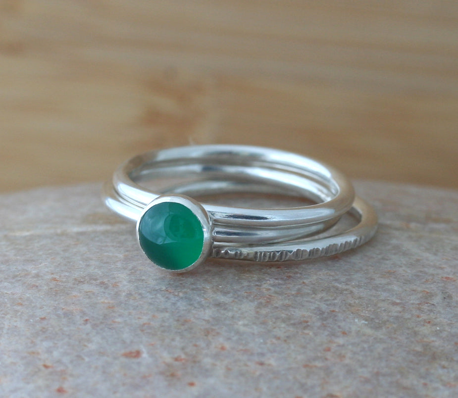 Green onyx, tree bark, and plain stacking rings in sustainable sterling silver. Handmade in New Jersey, US.