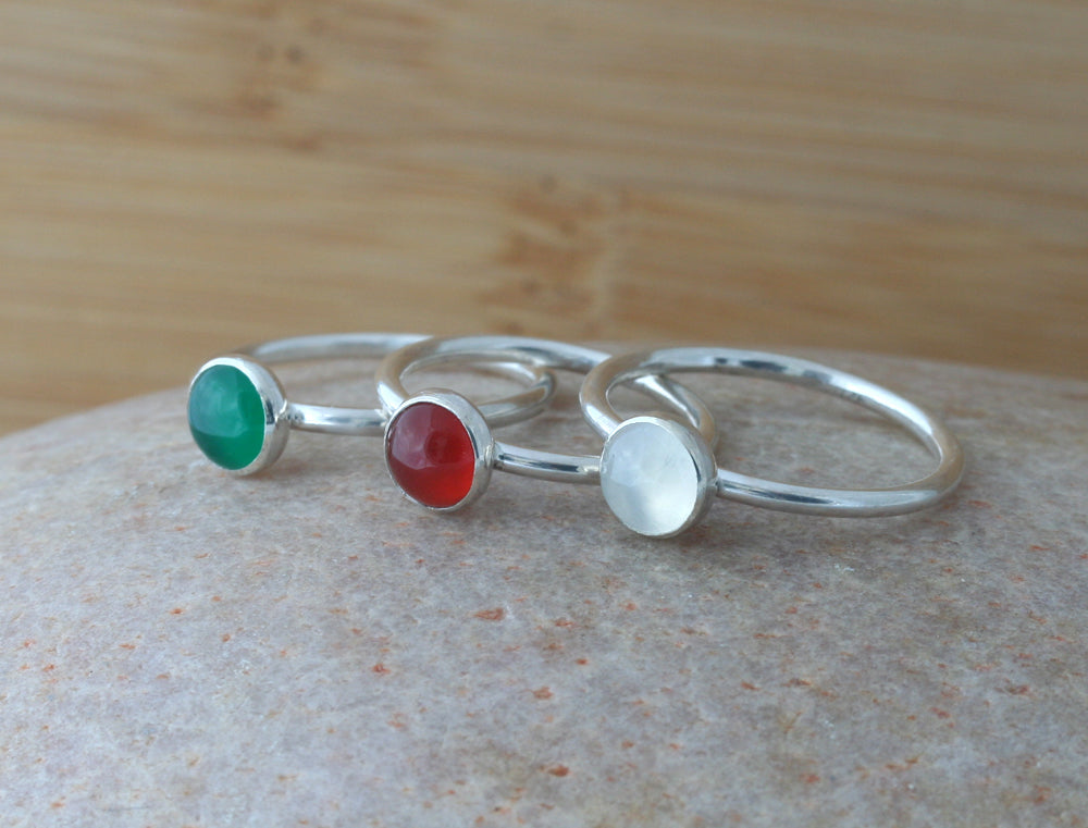 Green onyx, carnelian, and moonstone stacking rings in sustainable sterling silver. Handmade in New Jersey, US.