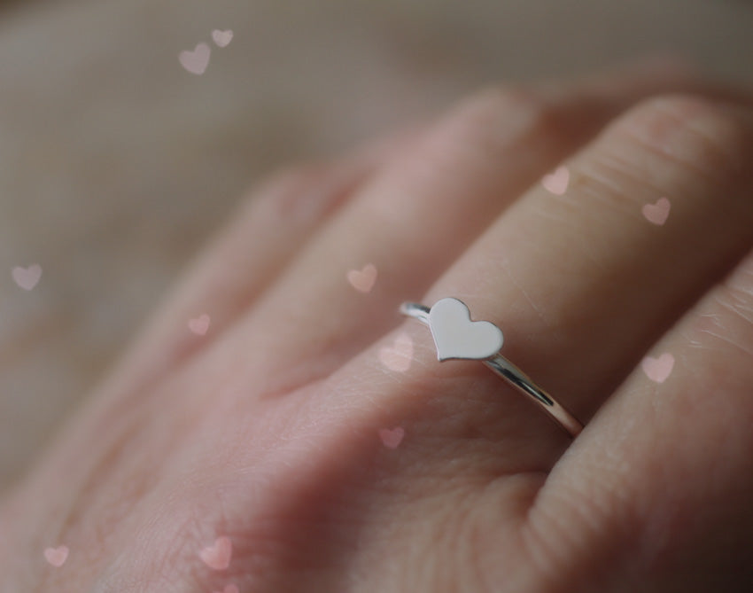 Heart Love Stacking Ring in Sustainable Sterling Silver. On Finger.