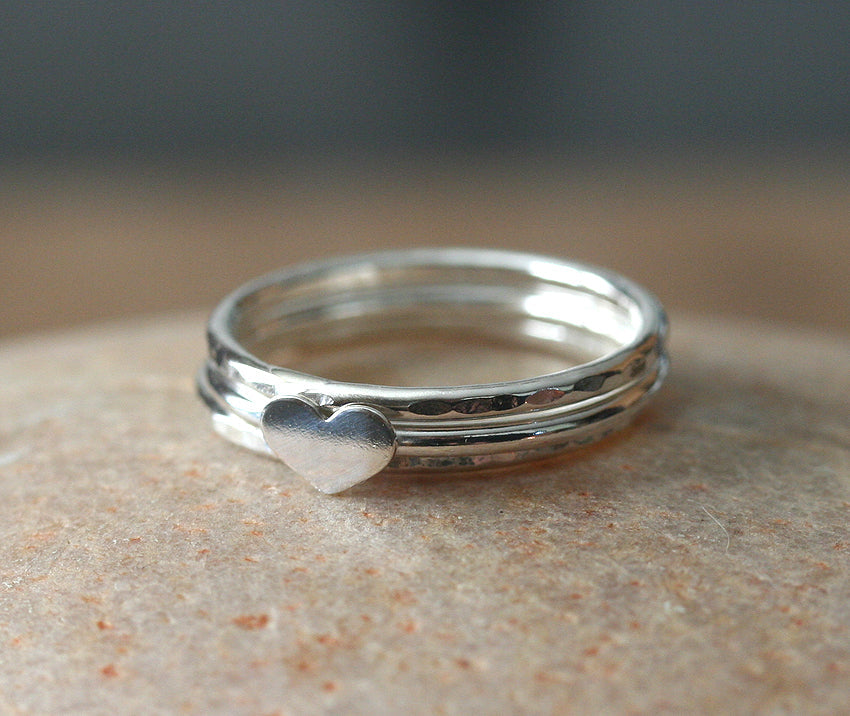 Heart Love Stacking Ring with Two Hammered Stackers in Sustainable Sterling Silver