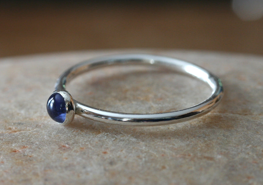 Small iolite stacking ring in all sizes. Sterling silver. Minimalist design. Handmade in the US with sustainable silver.