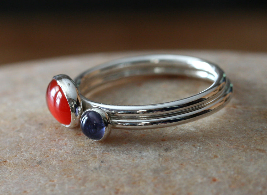 Small iolite and carnelian stacking rings in all sizes. Sterling silver. Minimalist design. Handmade in the US with sustainable silver.