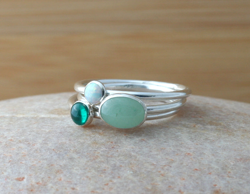 White opal, emerald, and aventurine stacking rings handmade in New Jersey, US., with ethical silver.