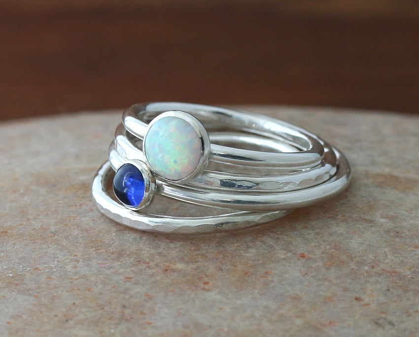 Opal and blue sapphire stacking rings with hammered rings. Handmade in New Jersey, US. with ethical silver.