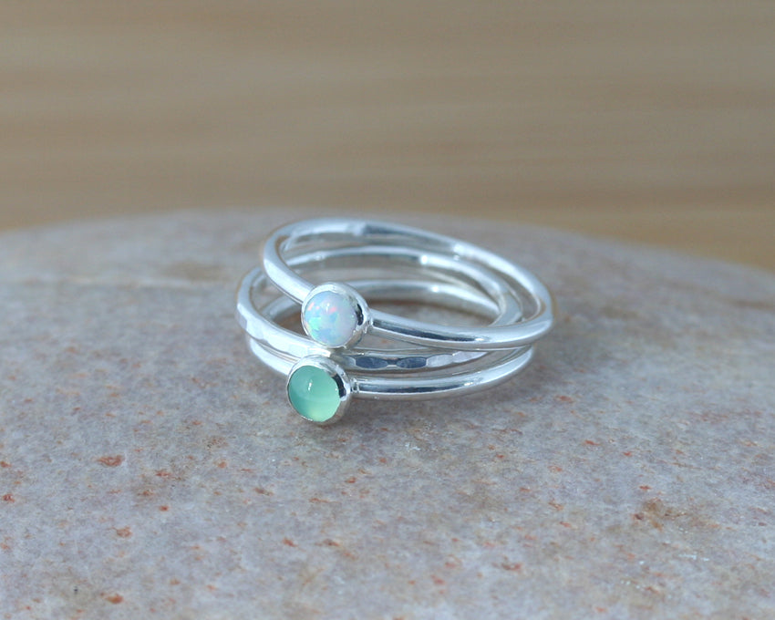 White opal, chrysoprase, and hammered stacking rings handmade in New Jersey, US., with ethical silver.