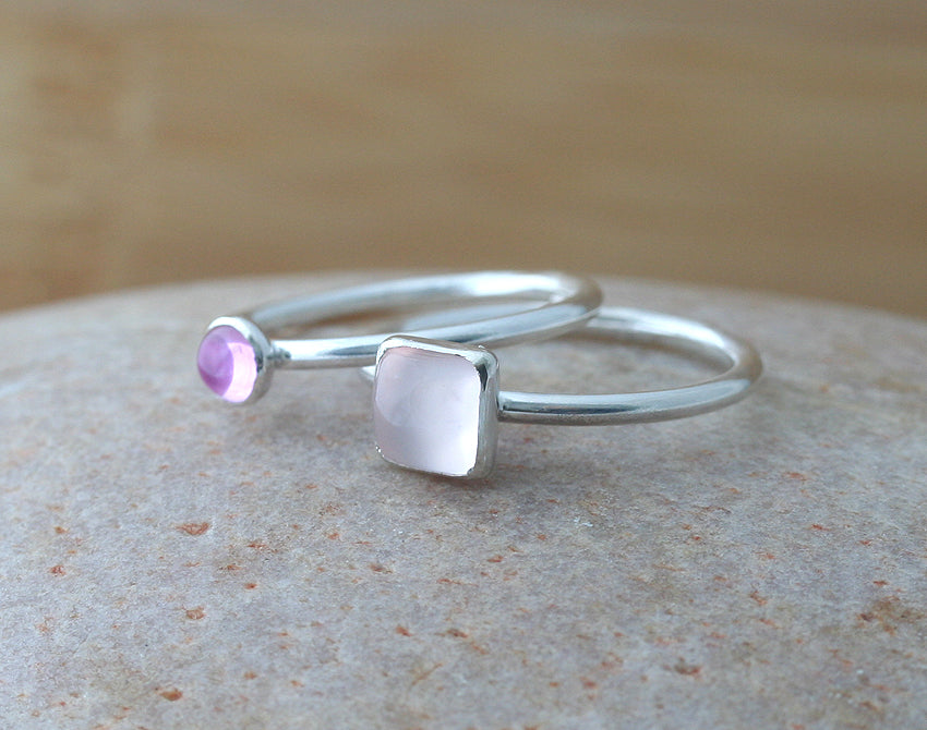 Rose quartz square stacking ring with pink sapphire. Sterling silver. Handmade in the US with sustainable silver.