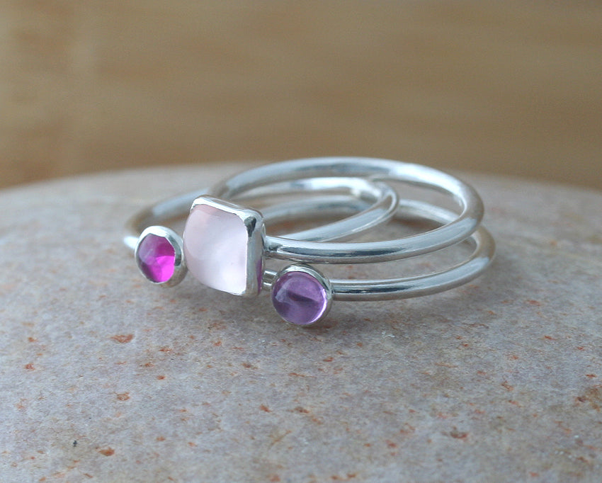 Rose quartz square stacking ring with ruby and alexandrite stacker rings. Sterling silver. Handmade in the US with sustainable silver.