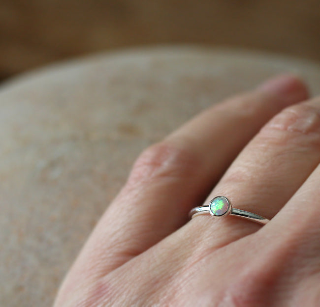 White opal stacking ring handmade in New Jersey, US., with ethical silver.