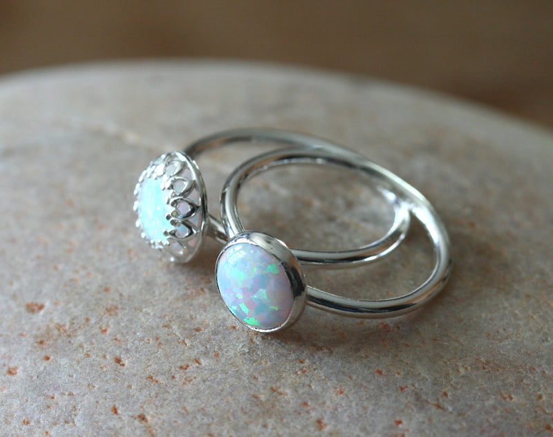 Ethical opal princess crown and bezel stacking ring in all sizes. Sterling silver. Minimalist design. Handmade in the US with sustainable silver.