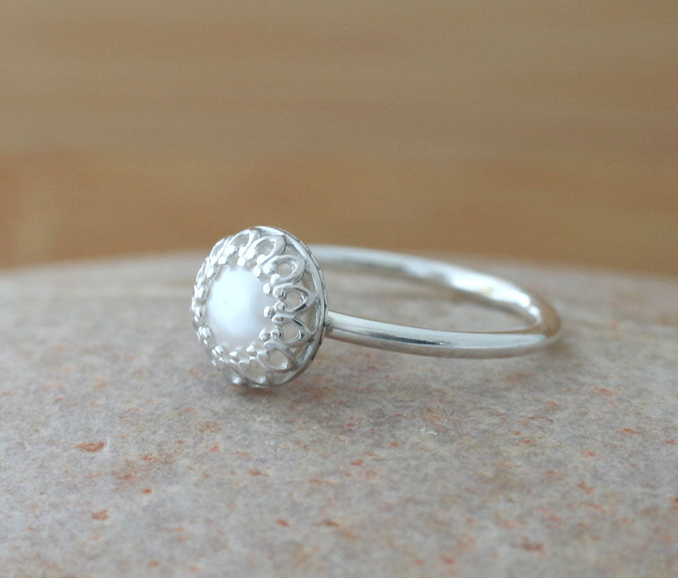 Ethical Swarovski crystal pearl princess crown stacking ring in all sizes. Sterling silver. Minimalist design. Handmade in the US with sustainable silver.