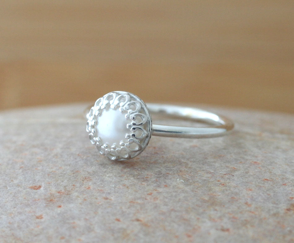 Ethical Swarovski crystal pearl princess crown stacking ring in all sizes. Sterling silver. Minimalist design. Handmade in the US with sustainable silver.