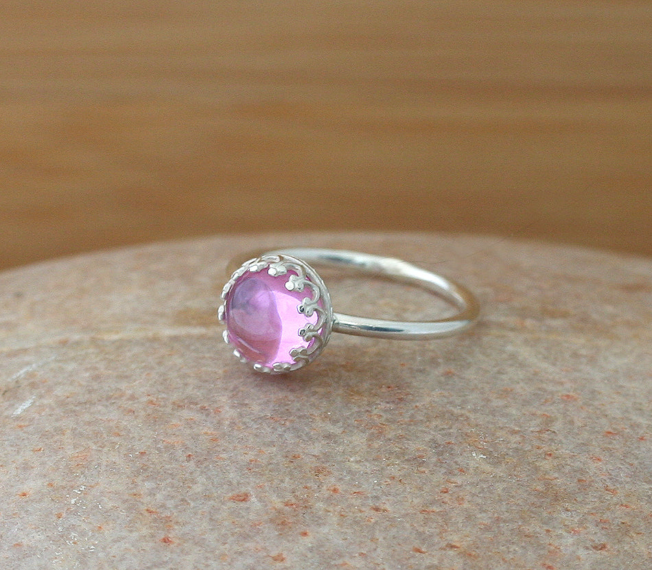 Pink sapphire princess crown ring in sustainable sterling silver. Ethical. Handmade in New Jersey, US.
