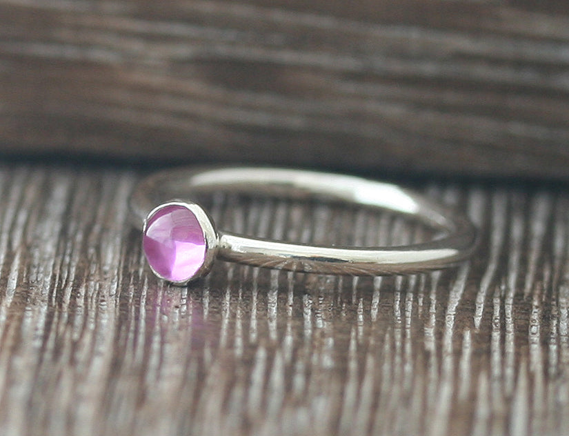 Pink sapphire stacking ring. Sterling silver. Handmade in the US with sustainable silver.