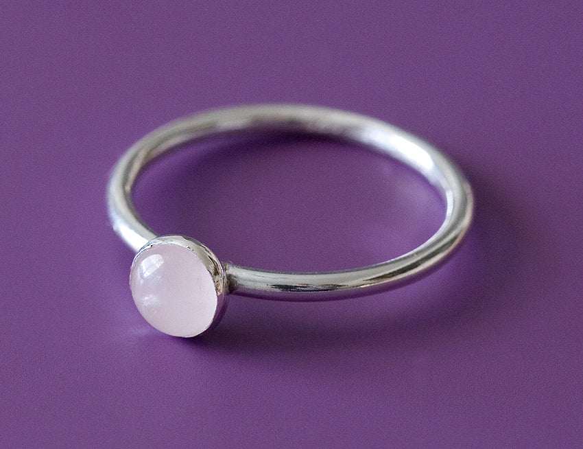 Small rose quartz stacking ring in all sizes. Sterling silver. Minimalist design. Handmade in the US with sustainable silver.